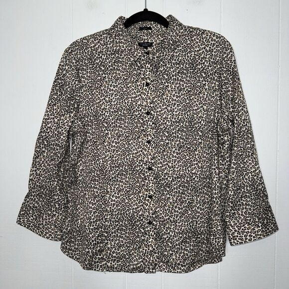 Talbots Women’s Stretch Leopard Button Up Shirt Brown 3/4 Sleeve Size 16 - Picture 1 of 6